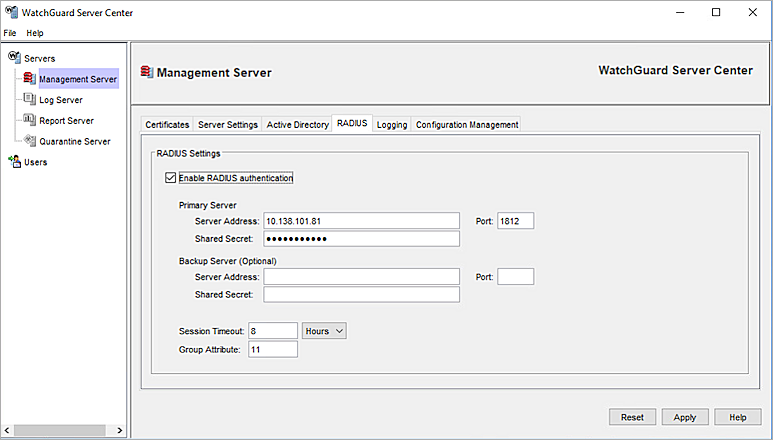 Screen shot of the Management Server RADIUS configuration tab